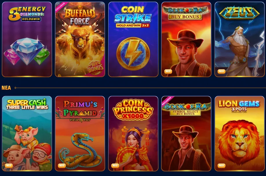 Αίθουσα παιχνιδιών του Wingaga Casino με δημοφιλή φρουτάκια και επιτραπέζια παιχνίδια